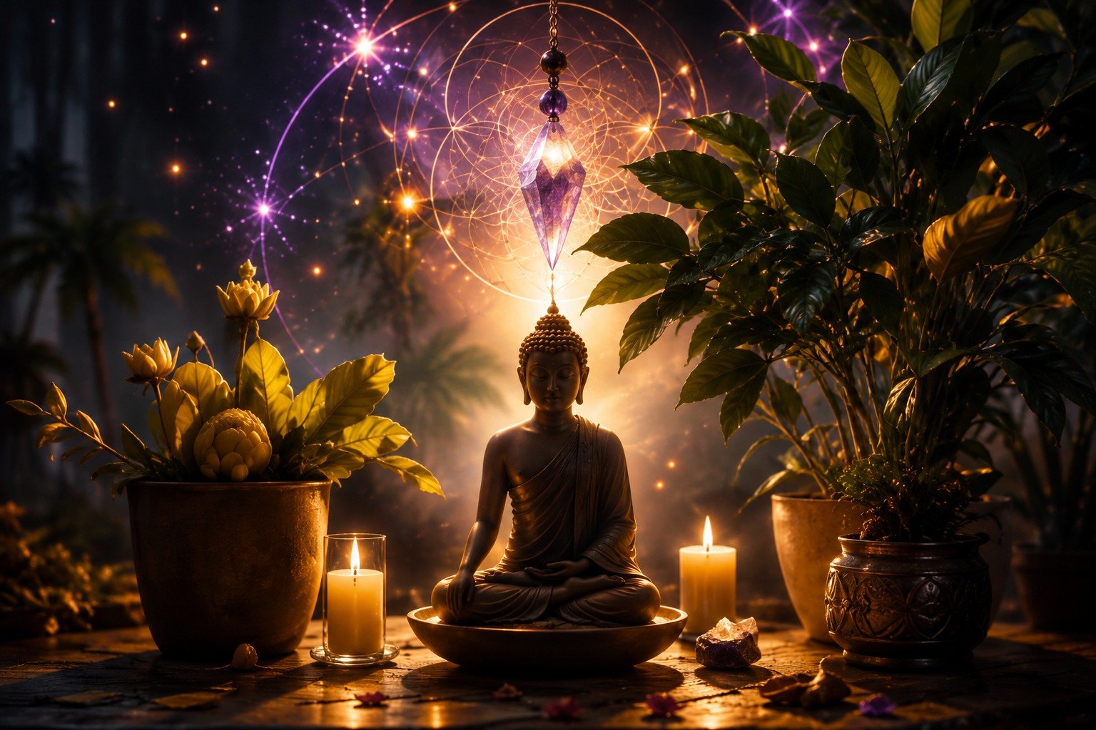 A candlelit healing altar with a pendulum
