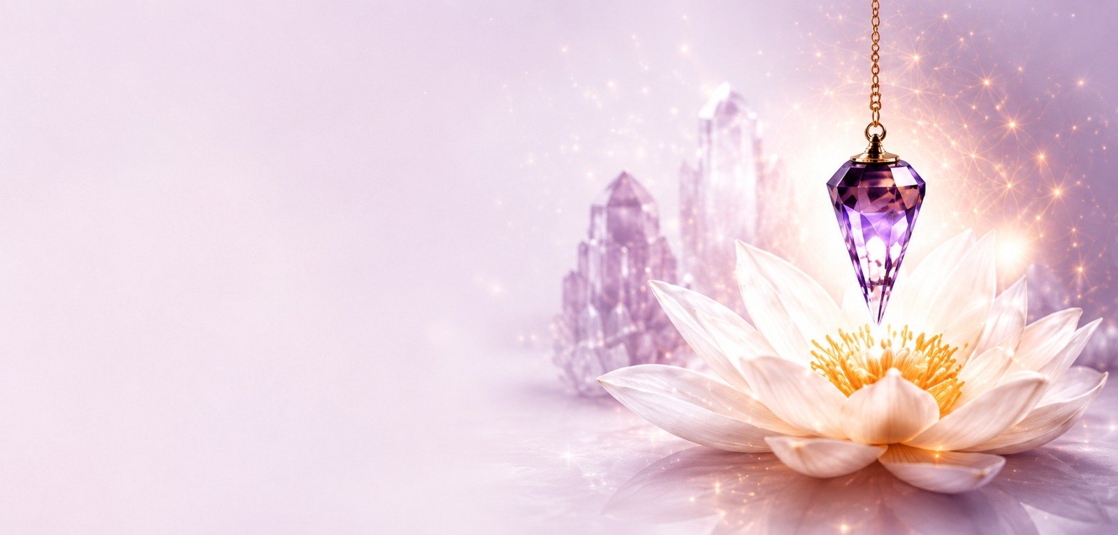 A crystal pendulum above a white lotus
