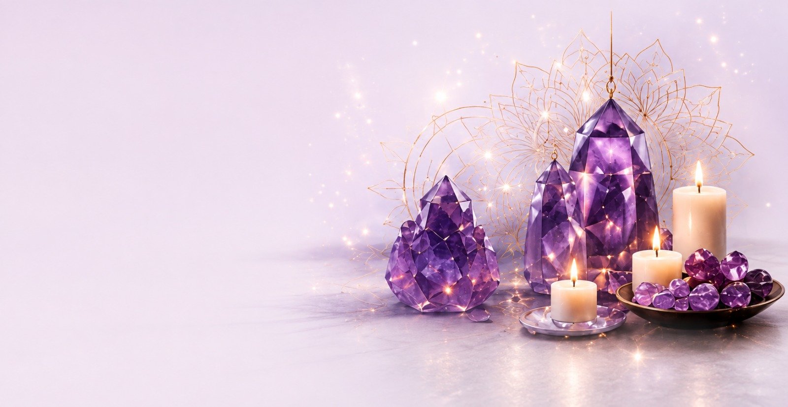 Glowing amethyst crystals with candles