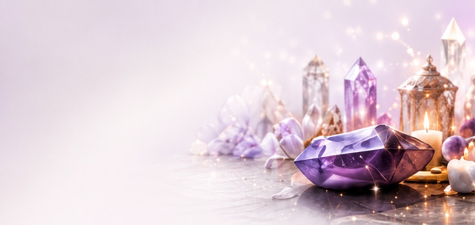 A crystal pendulum beside a candle and amethyst stones