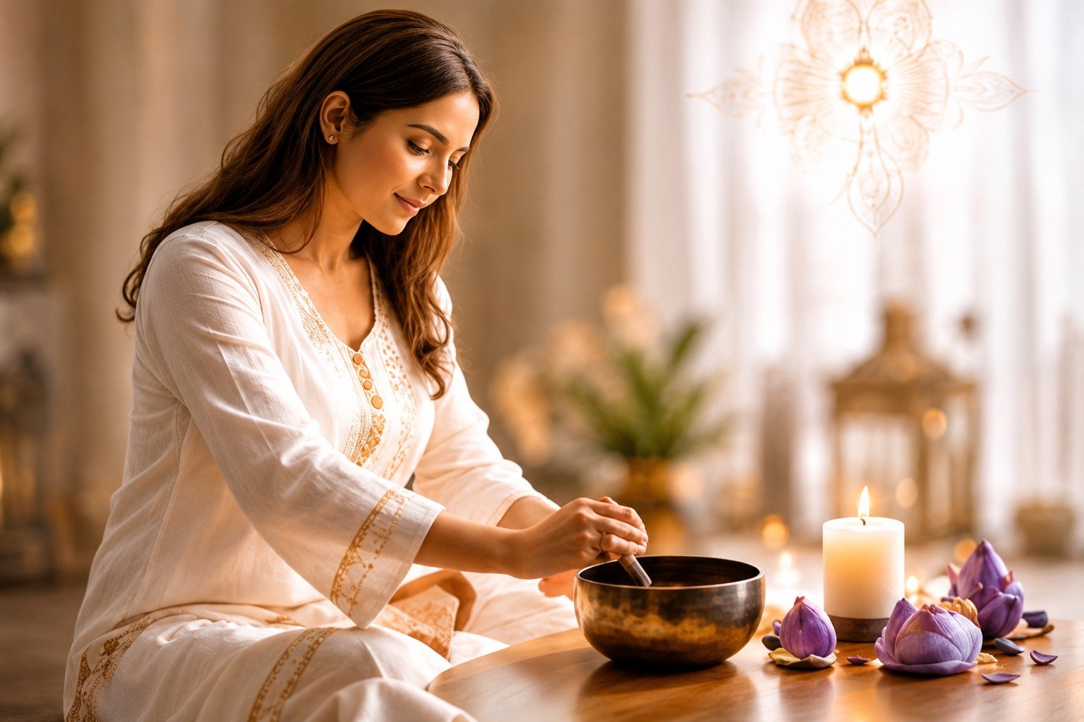 A singing bowl ritual by candlelight