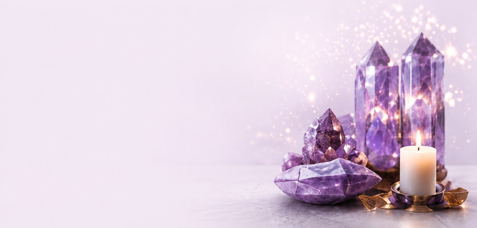 Amethyst crystals glowing beside a lit candle