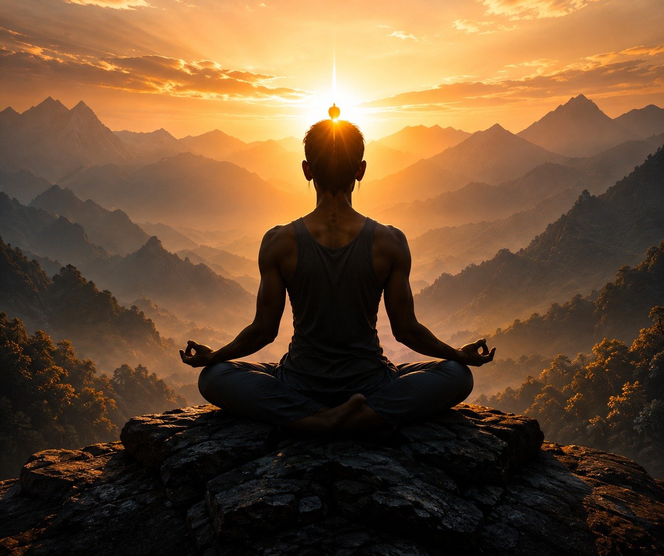 Meditating at sunset in the mountains